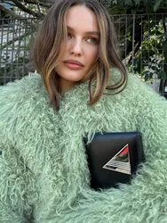 Oversized Green Plush Fur Coat For Women Elegant Soft Warm Long Sleeves Loose Jackets Winter High Street Female Outerwear ﻿