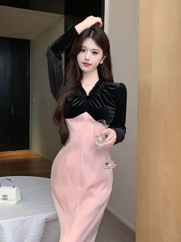 

Korea Autumn Elegant Dress Women Patchwork Retro Fairy Dress Female Long Sleeve Sweet Sexy Elegant Midi Dress