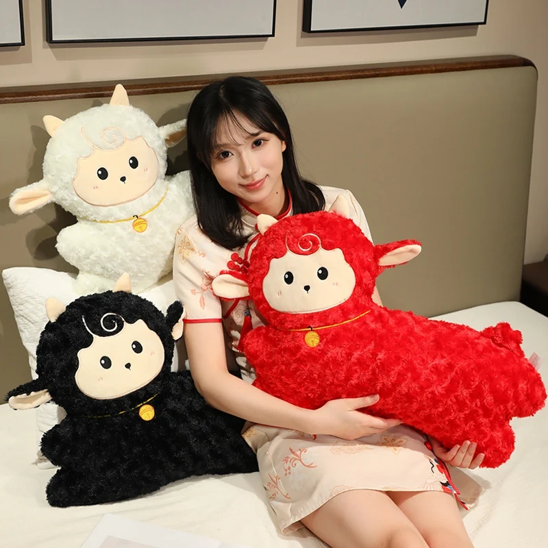 White Sheep Stuffed Pillow Red Black 60cm Long Animal Cushion Integrated Head Legs Soft Plush Bedroom Sleep Companion