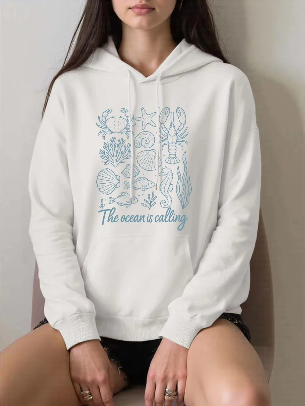 

The Ocean Is Calling Printing Hoodie Women Winter Fleece Warm Pullover Fashion Pocket Sweatshirt Casual Loose Womans Clothes