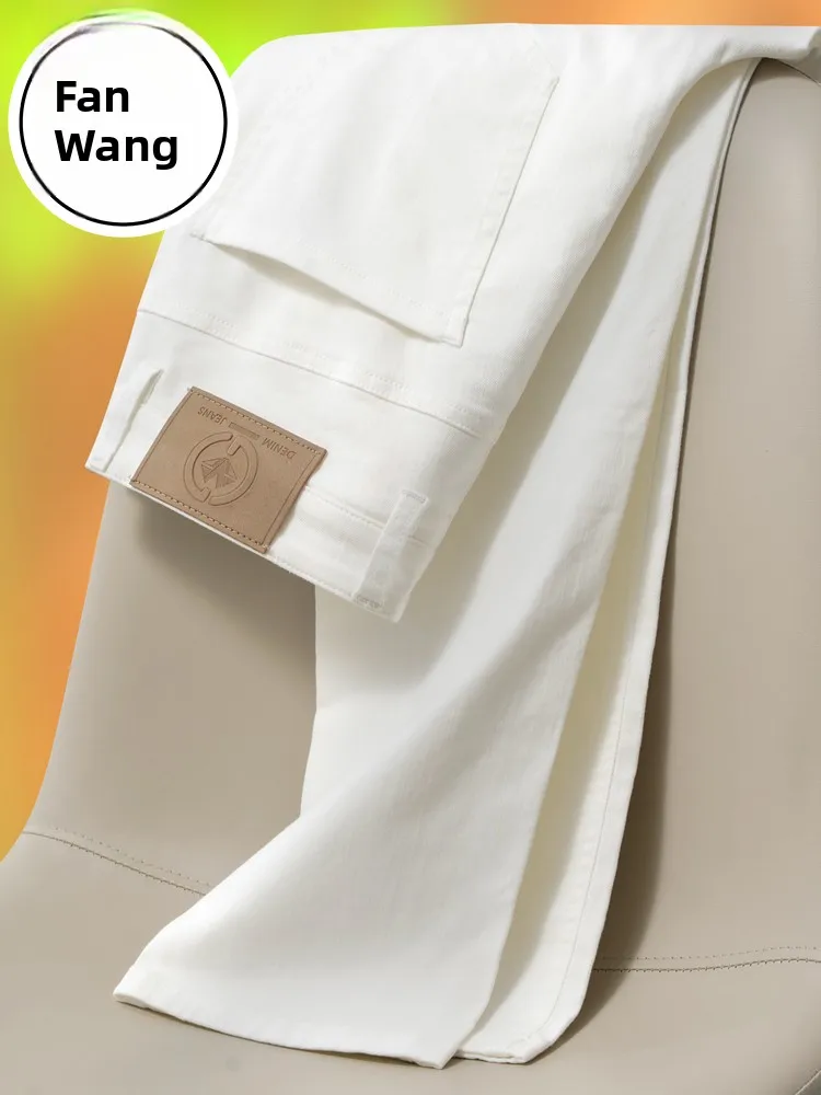 Casual White Cotton Denim Jeans Men's High Waist Elastic Summer Thin Straight Leg Long Pants Fashionable Urban Style Water Re...