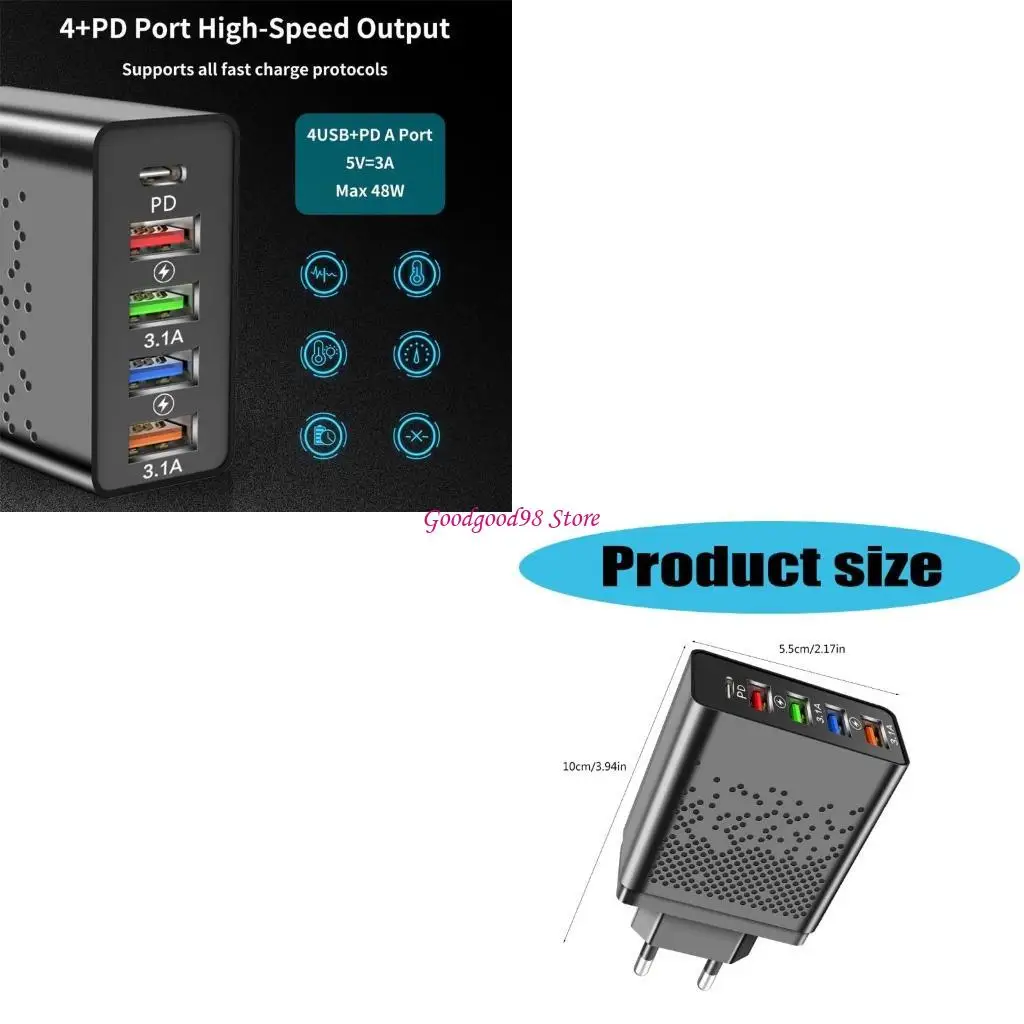 

PD48W USB 5 in 1 Multiple Device Adapter Plug 5V3A Output Intelligent W8EC