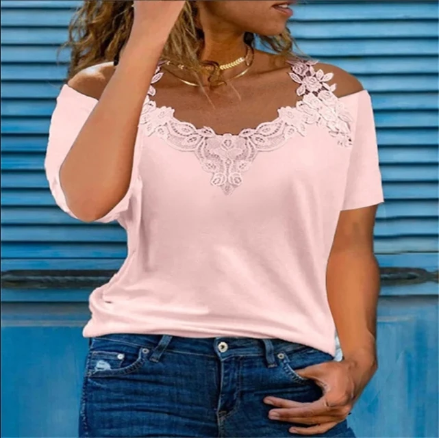 Summer Short Sleeve Sexy Lace Shirt Women New Fashion Casual V Neck Loose T Shirt Ladies Hollow Sling Elegant Pullover Tops