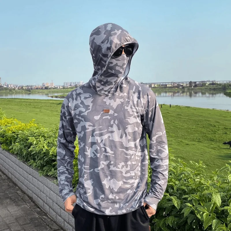 GELITAYIN Sun Protection T-Shirts Men Fishing Hooded Outdoor Lightweight Mask Pullover Quick Drying Breathable Anti-UV Cool Suns