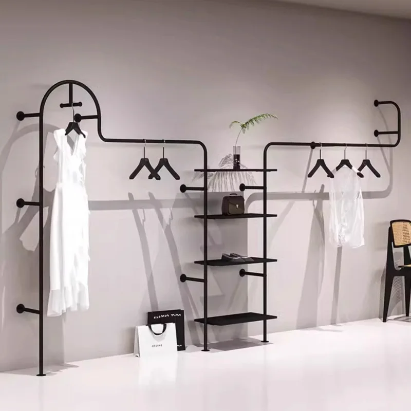 Simple clothing store matte black wall hanging display rack wrought iron floor straight rod side hanging hanger men's