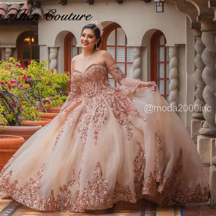 

Sparkly Rose Gold Detachable Sleeves Quinceanera Dress Sequins Crystals Appliques Birthday Dress Vestidos 15 Años Customized