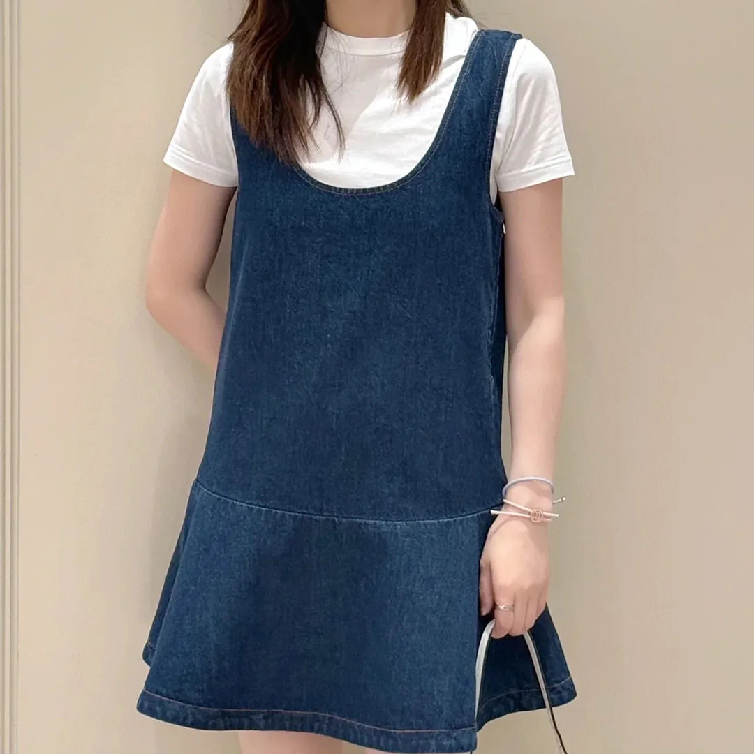 

Summer Preppy Style Blue Denim Tank Dress Women O-neck Sleeveless Ruffles Bottom Casual Sweet Mini Dresses