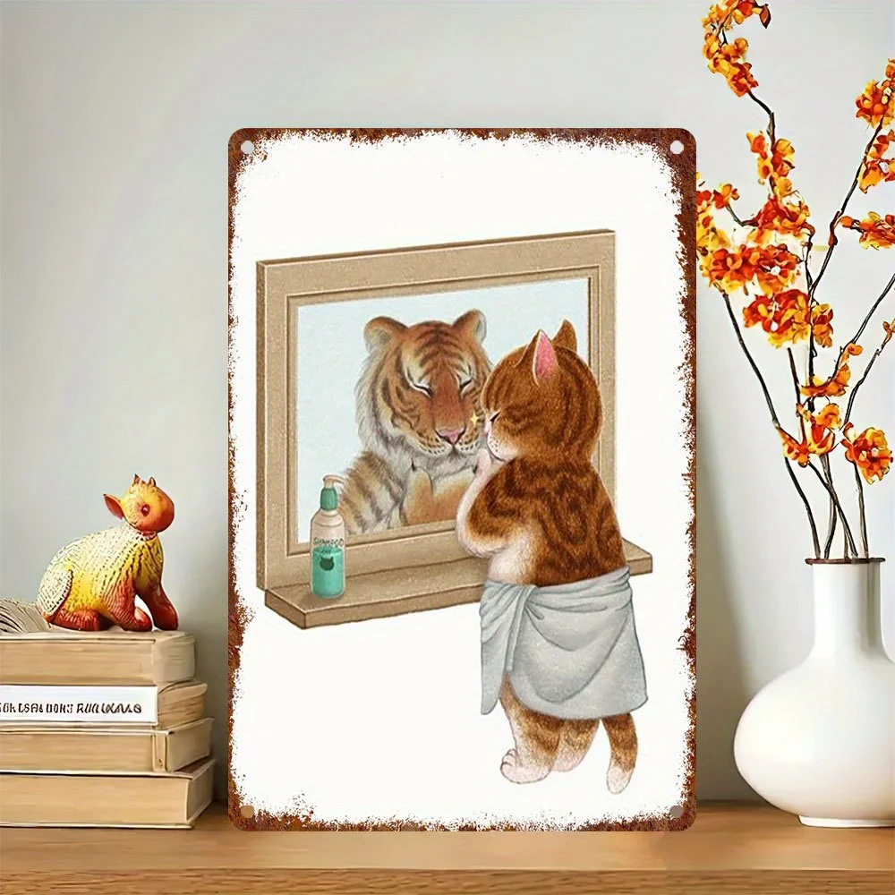

Vintage Metal Wall Art Sign - Humorous Cat & Tiger Mirror Design Rustic Iron Plaque for Home Bar, Metal Wall Art Decor