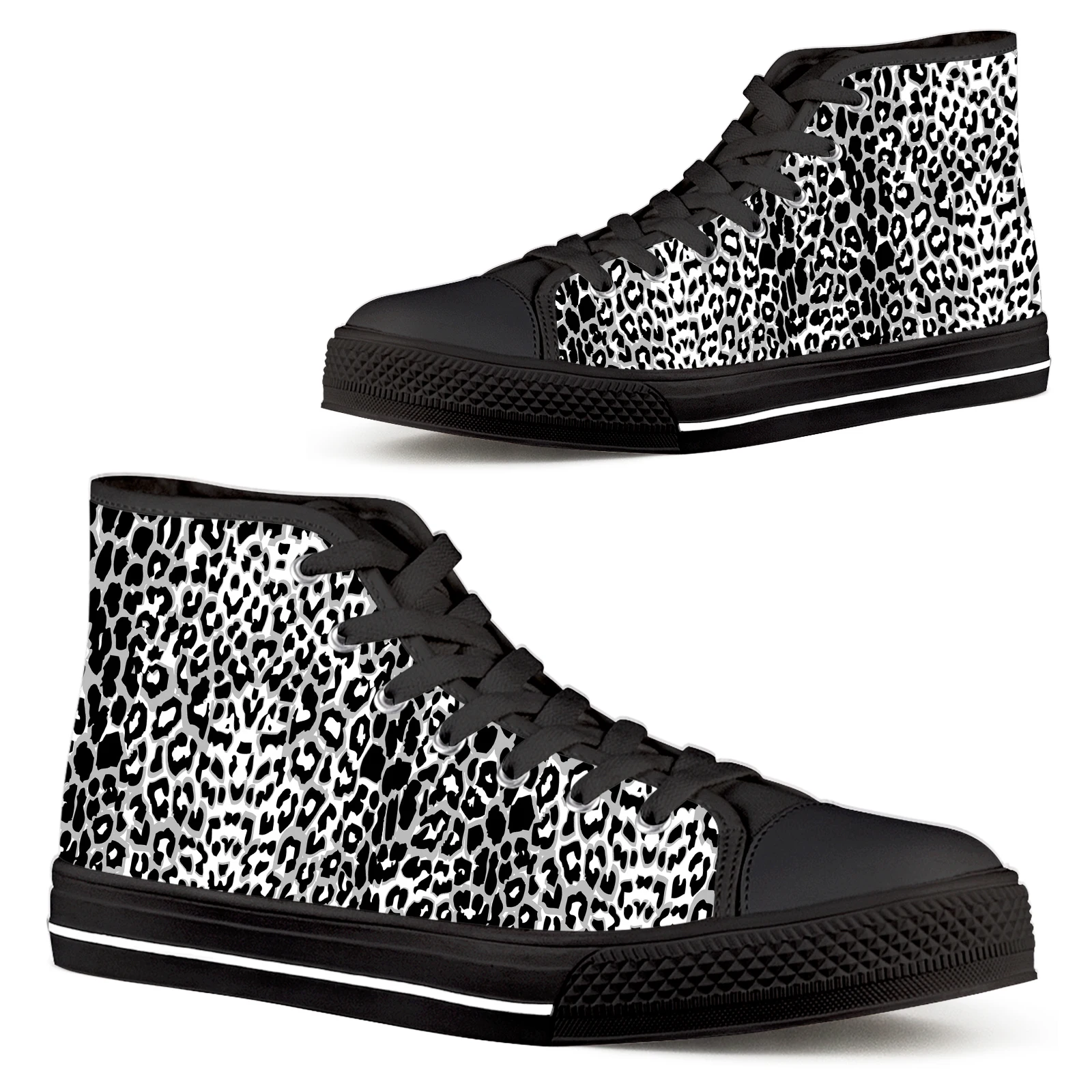 ELVISWORDS Black Comfortable Soft-soled High-top Women's Shoes Leopard Texture Printed Shoes Casual Canvas Shoes Tennis Shoes