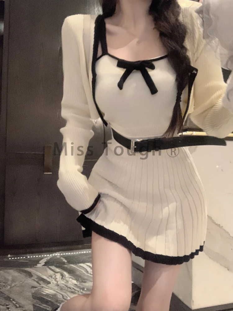 Winter Kawaii Vingate 3 Piece Set Women Elegant Bow Knitted Skirt Suit Female Korean Fashion Casual White Sweater Set 2023 New