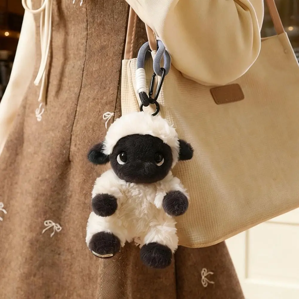 Stuffed Animal Valais Blacknose Sheep Fluffy Curly Black Face Sheep Keychain Big Eyes Bag Charm Lamb Plushie Backpack Decor