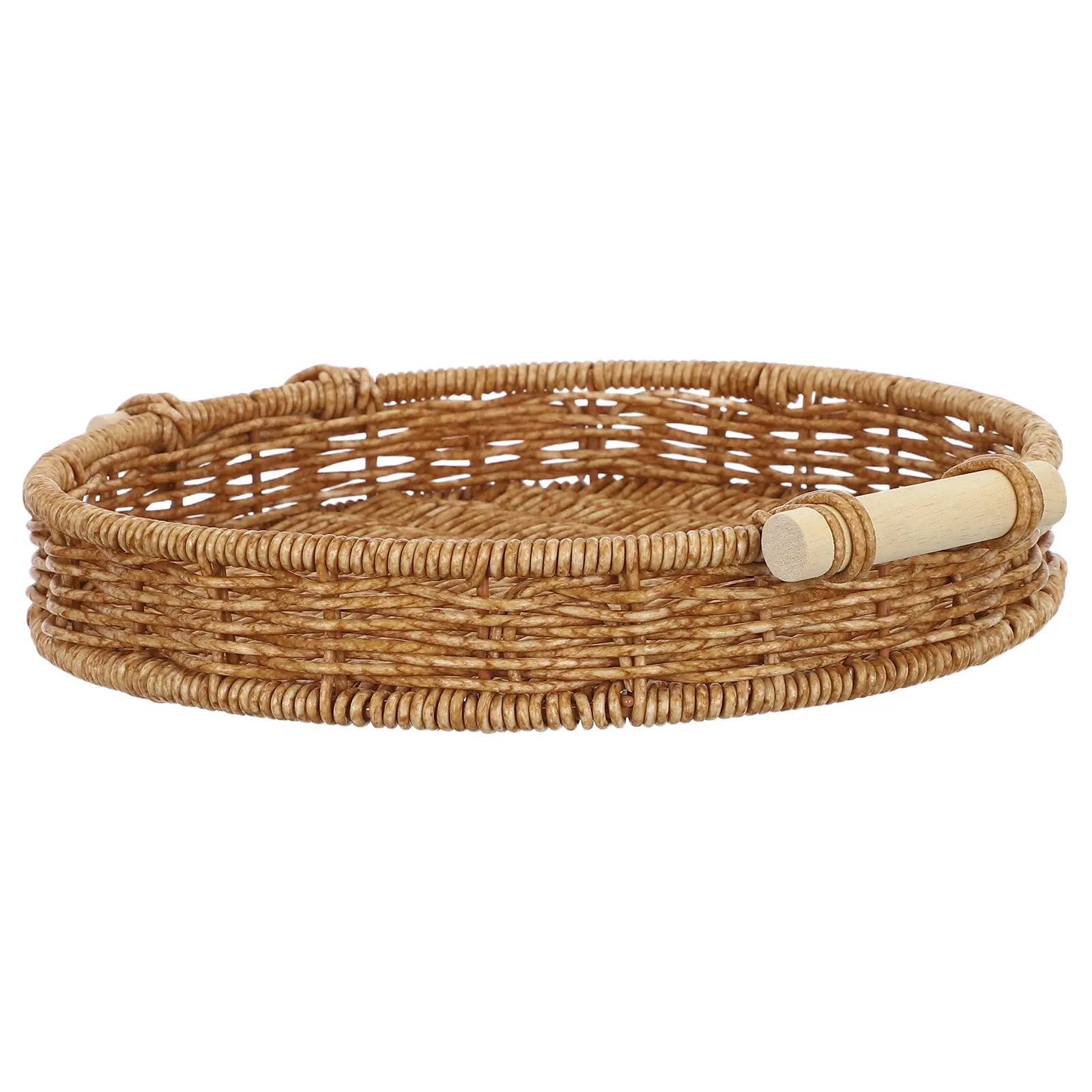 Imitation Rattan Bread Basket Snack Serving Tray Round Woven Storage Tray Handles for Breakfast Drinks Coffee Food 27Cm 10.6inch
