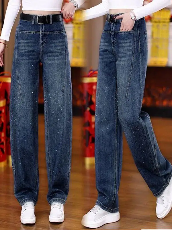 

Spring 2026 High Waist Wide Leg Denim Jeans Rhinestone Embellished Knife Washed out Slimming Versatile Design Sense
