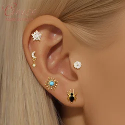 CANNER 1Pc 925 Silver Black Spider Snowflake Zircon Stud Earrings For Women 18K Gold Blue Turquoise Sunflower Jewelry Christmas