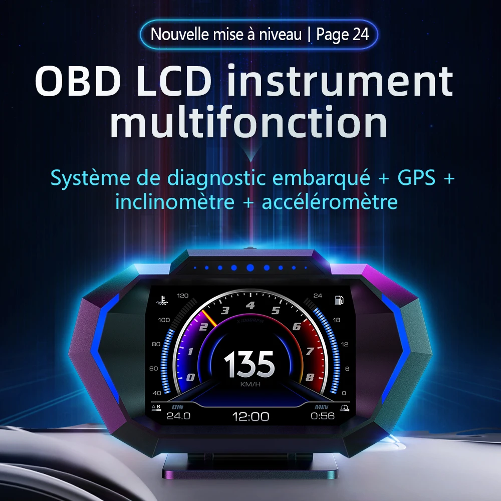 Affichage tête haute OBD + GPS HUD P24 pour voiture, compteur de vitesse numérique, température de l'eau, consommation de carburant, ordinateur de bord Système de diagnostic embarqué + Système de positionnement global