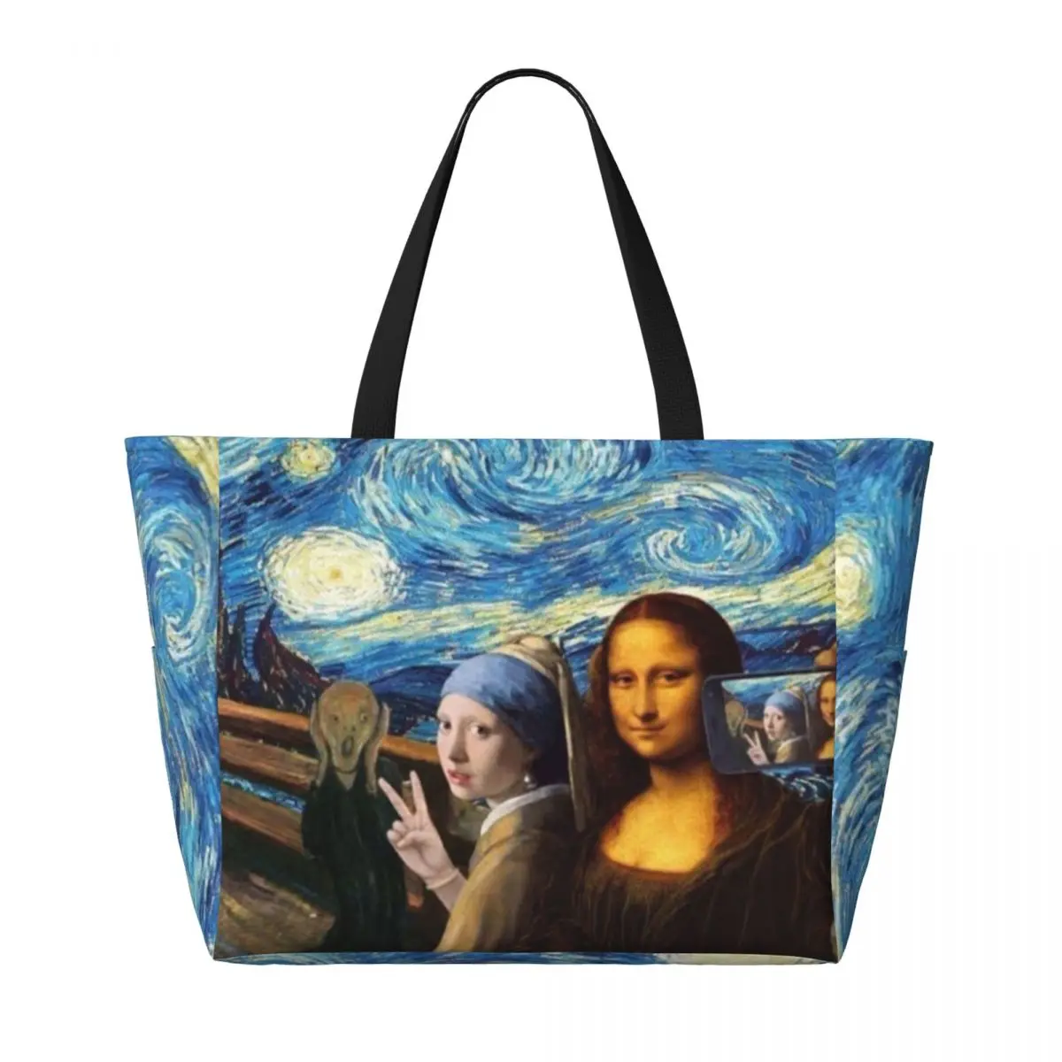 Custom Large Starry Night By Mona Lisa And Vincent Van Gogh Tote Bag Women Art Painting Shoulder Shopper Gym Beach Travel Bag