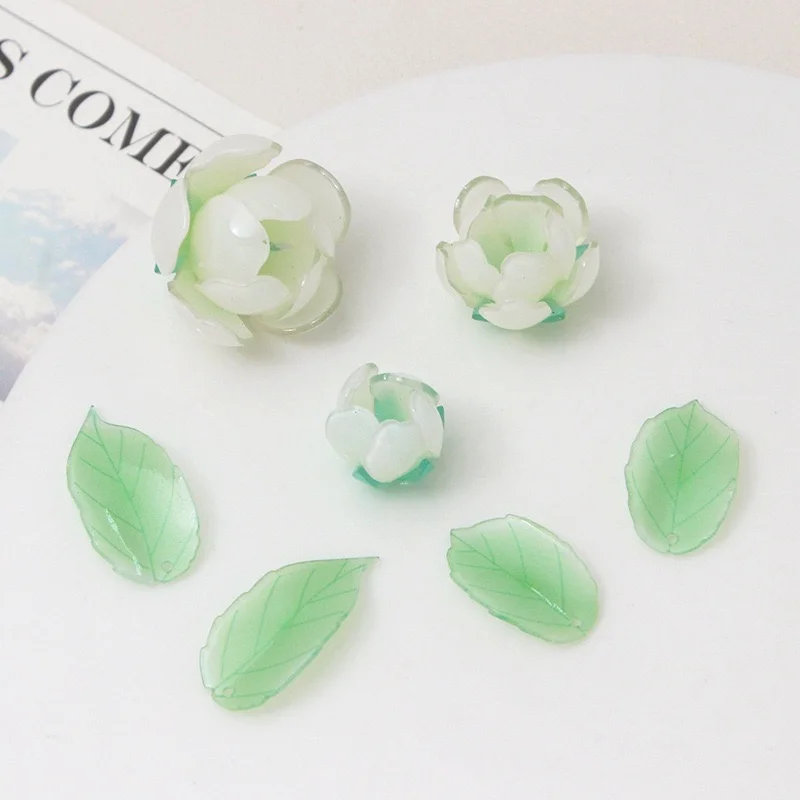 summer style 50pcs/lot green color print cartoon leaves rose flowers shape handmade floral beads diy jewelry garment accessory