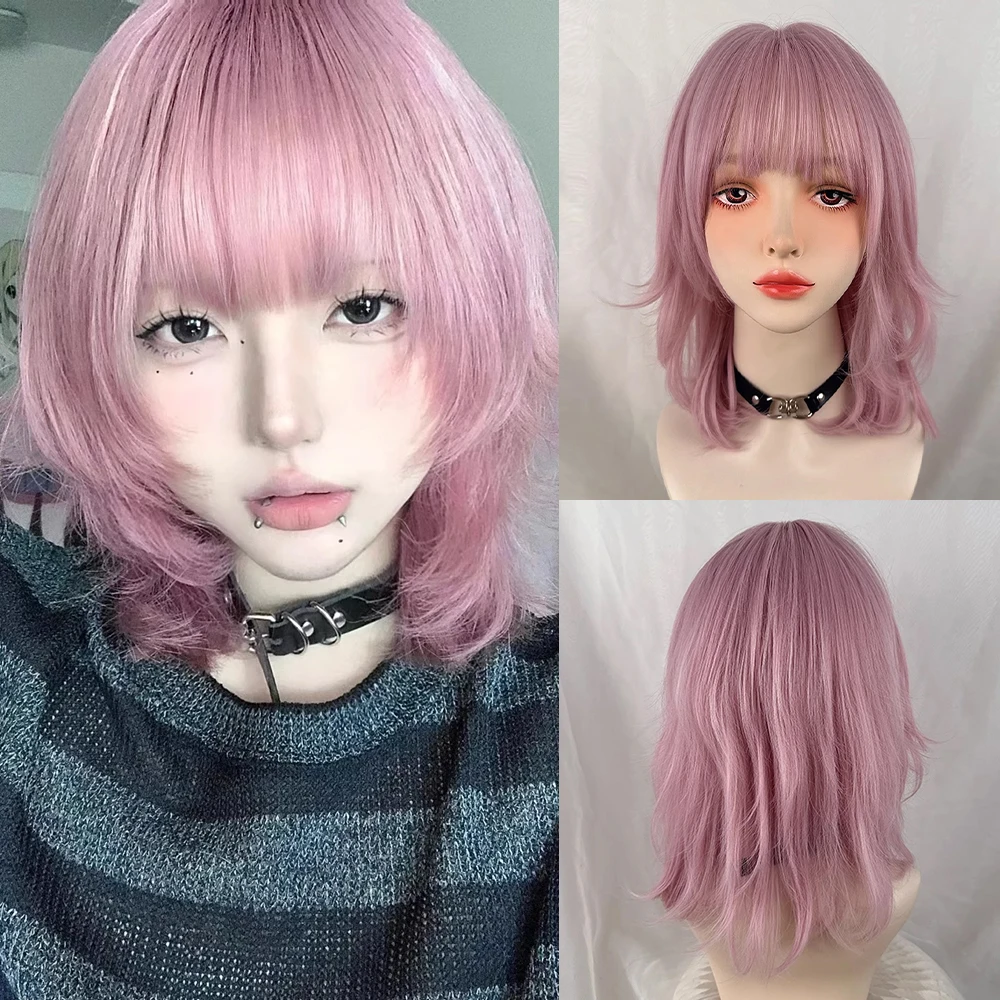 Lolita Cosplay Pink Wig Mullet Head Synthetic Short Straight Women Fluffy Wig Heat Resistant for Daily Party