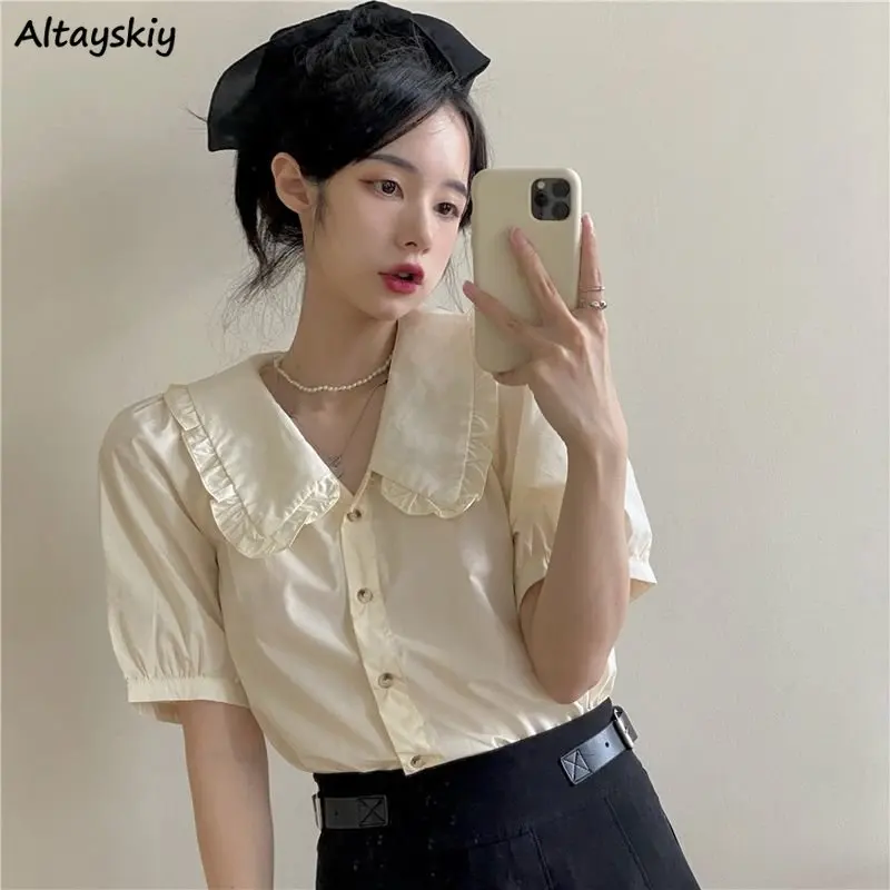 

Shirts Women Pure Peter Pan Collar Tops Summer Holiday Sweet All-match Streetwaer Tender Ruffles Fashion Basic Camisas Aesthetic