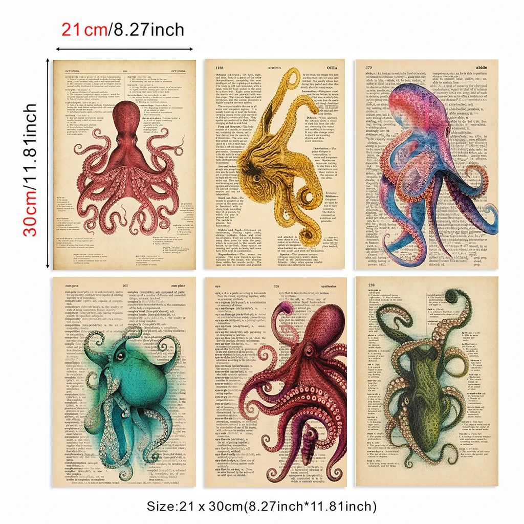 Set of 6 Vintage Octopus Canvas Poster Antique Dictionary Book Page Marine Animal Wall Decor Home Bedroom Living Room Wall Art