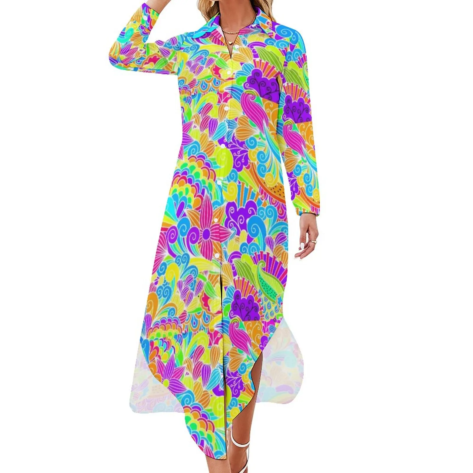 

Retro Bright Flowers Casual Dress Hippie Design Stylish Dresses Long Sleeve Trendy Womens V Neck Print Big Size Chiffon Dress