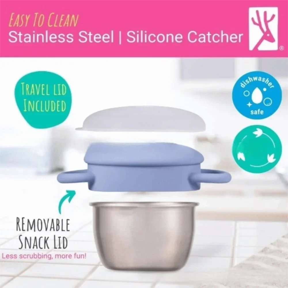 Contenedores de aperitivos extraíbles para niños pequeños, silicona de calidad alimentaria, asas de fácil agarre, tazas de aperitivos de acero inoxidable portátiles