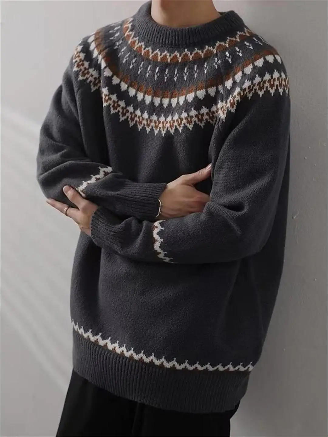 

Retro American Lazy Sle Knitted Sweater Men's Autumn Winter Couple's Long Sve round Ne Pullover Warm Faionable Top