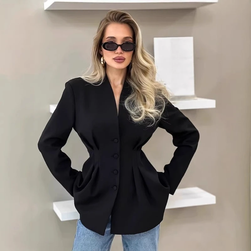 

Стильный осенний женский костюм в европейском и американском стиле с эффектом стройности и зауженной талией, с пиджаком с V-образным вырезом, для офиса и повседневной носки.