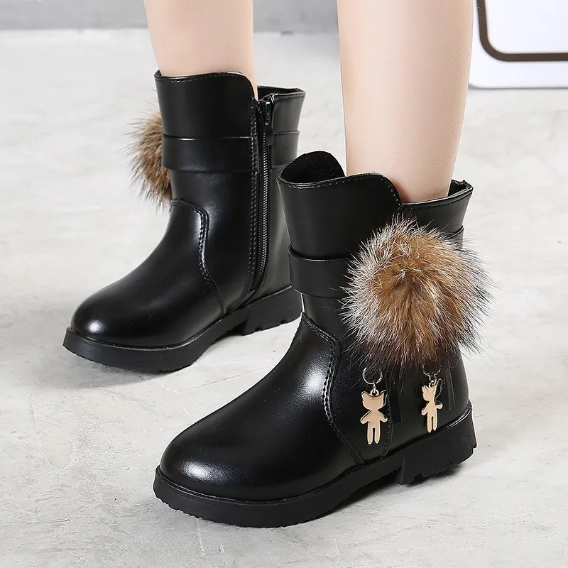 New Non-slip Warm Snow Boots Girls Autumn Winter Baby Kids Plush-lined PU Leather Boots Soft-soled Cotton Shoes Children Outdoor