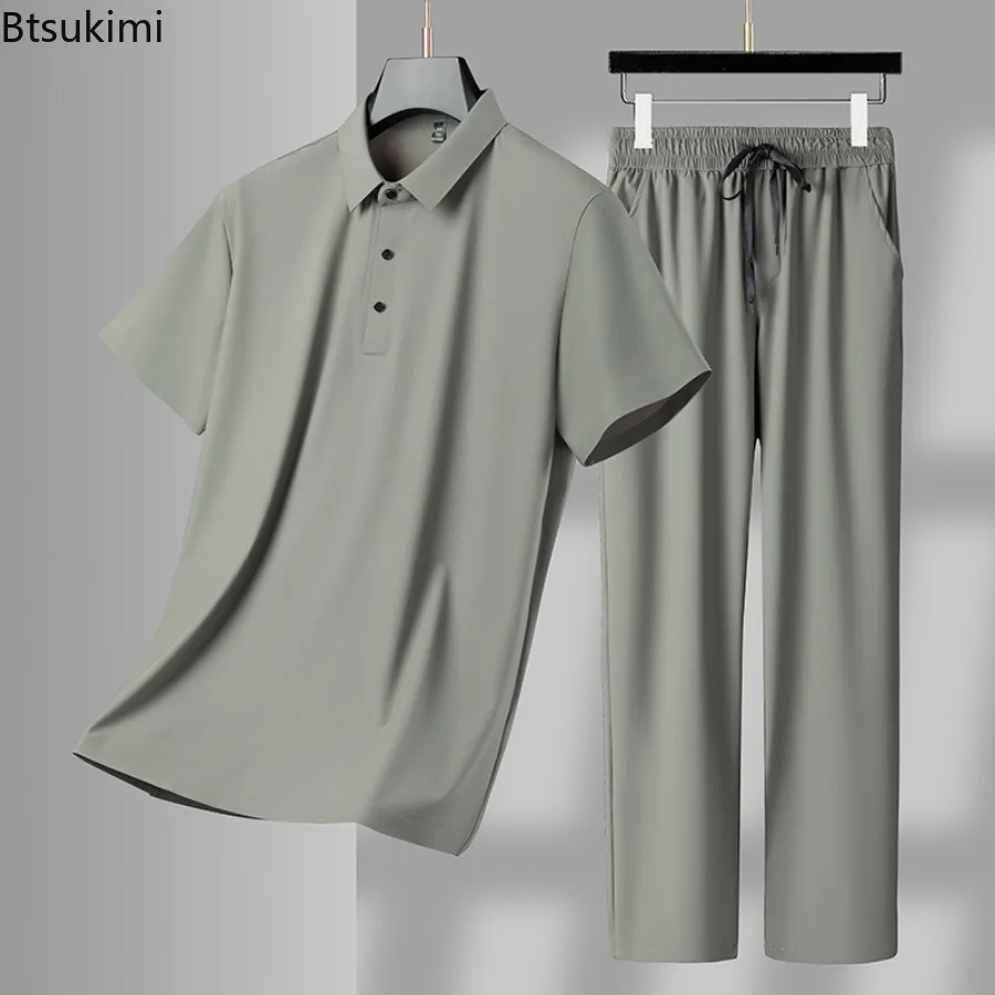 High Quality Men\'s Casual Sets Summer Cool Breathable Ice Silk Sportwear Two-piecesMen Short-sleeved Polo Shirt+Pants Tracksuits