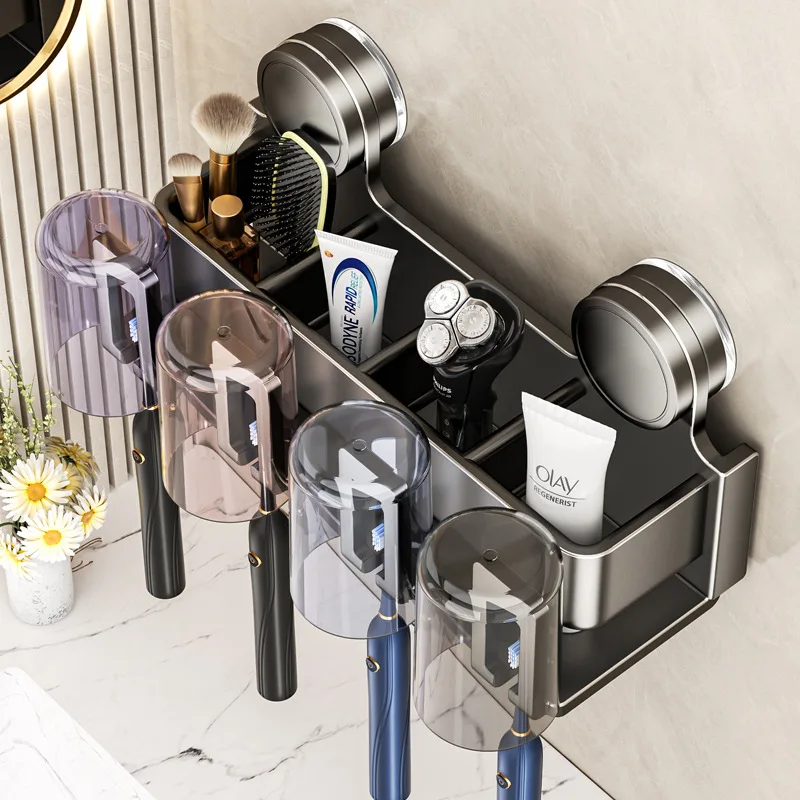 Suction Cup Toothbrush Holder • Wall Mounted • No Drilling • Bathroom Organizer for Toothbrushes, Toothpaste & Cups