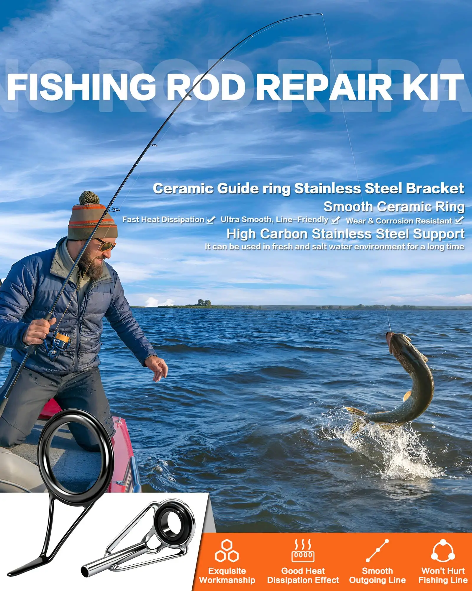 Fishing Rod Tip and Guides Repair Kit, Black Stainless Steel, Wear-Resistant Ceramic Ring for Saltwater & Freshwater, 60/90 Pcs.
