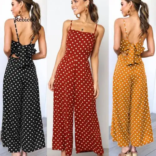 

Women Elegant Sexy Jumpsuits Sleeveless Polka Dots Loose Trousers Wide Leg Pants Rompers Holiday Backless Bow Leotard Overalls