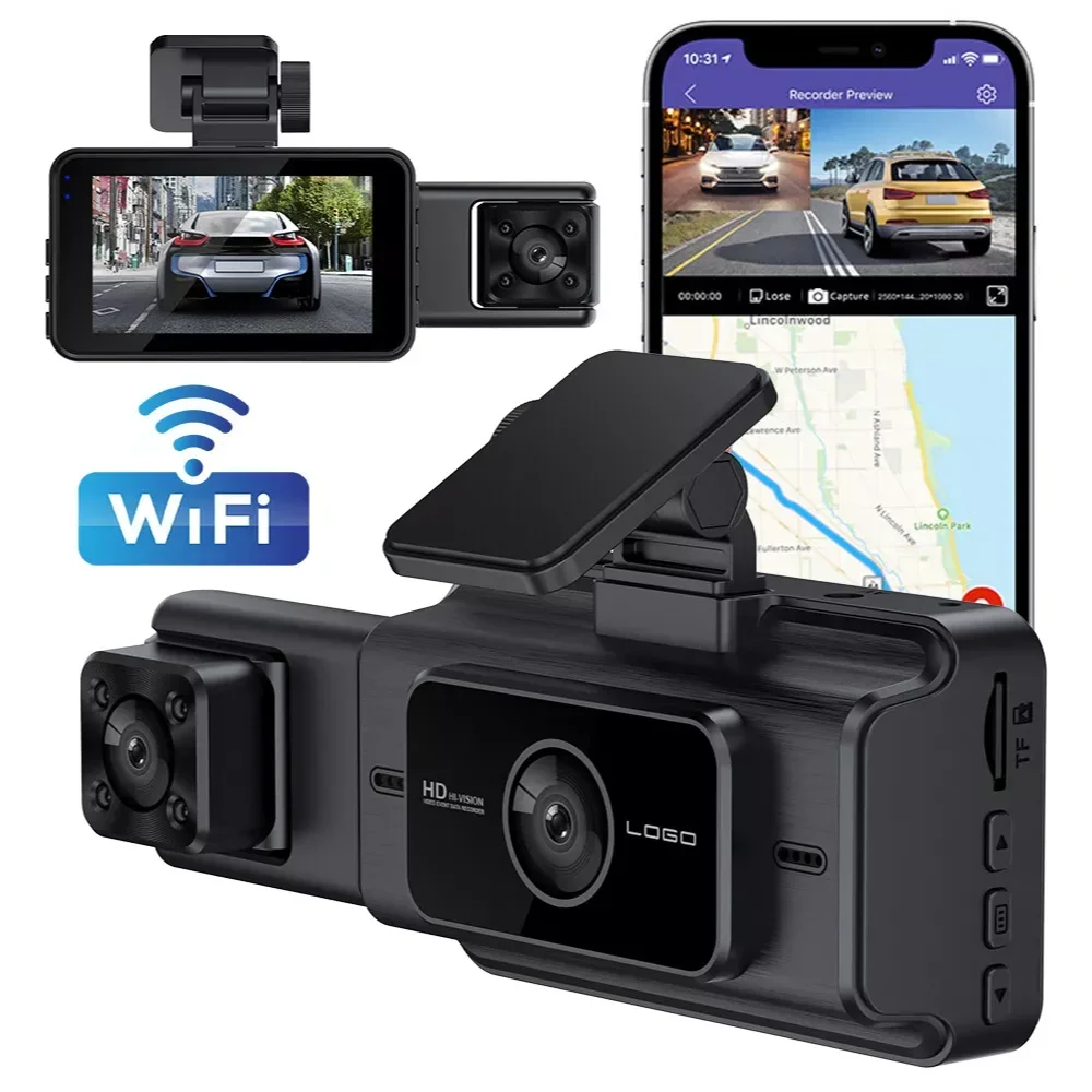 

2025 Hot sale 2 Inch IPS Screen 1080P HD Triple Lens Car Black Box Dashcam Camera with Wifi car camera 360 parking Car Cam
