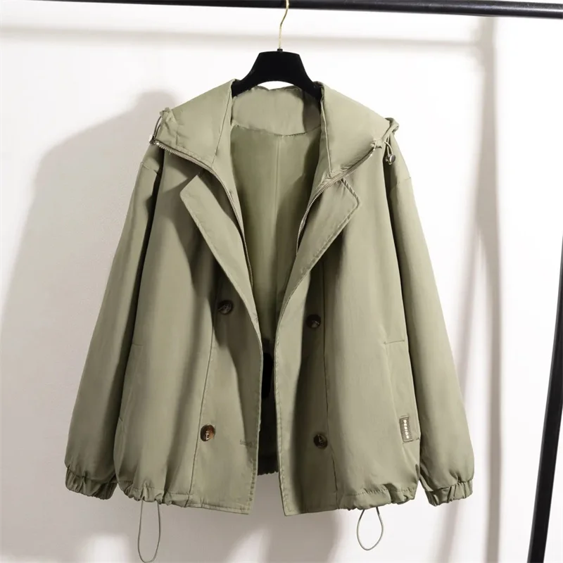 موضة ملابس العمل خندق معطف المرأة 2025 ربيع الخريف جديد مقنعين سترة واقية سترة الإناث حجم كبير أبلى ملابس خارجية قصيرة