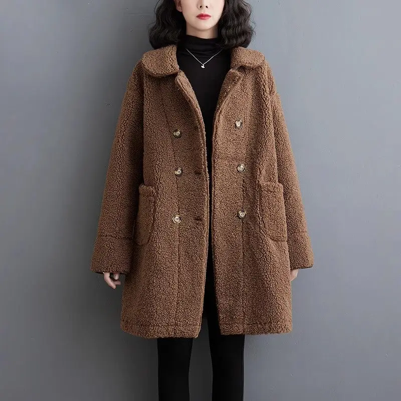 

Large Size Women's Plush Jacket 2023 Autumn/Winter New Lapel Collar Lamb Wool Coat Cardigan Warm Medium Length Overcoat Z3997