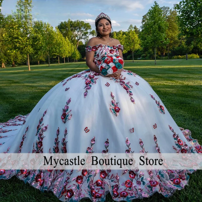 

Attractive Quinceanera Dresses Flower Appliques Tulle Sweet 16 Years Girl Party Robe Quinceañera Rouge Customized