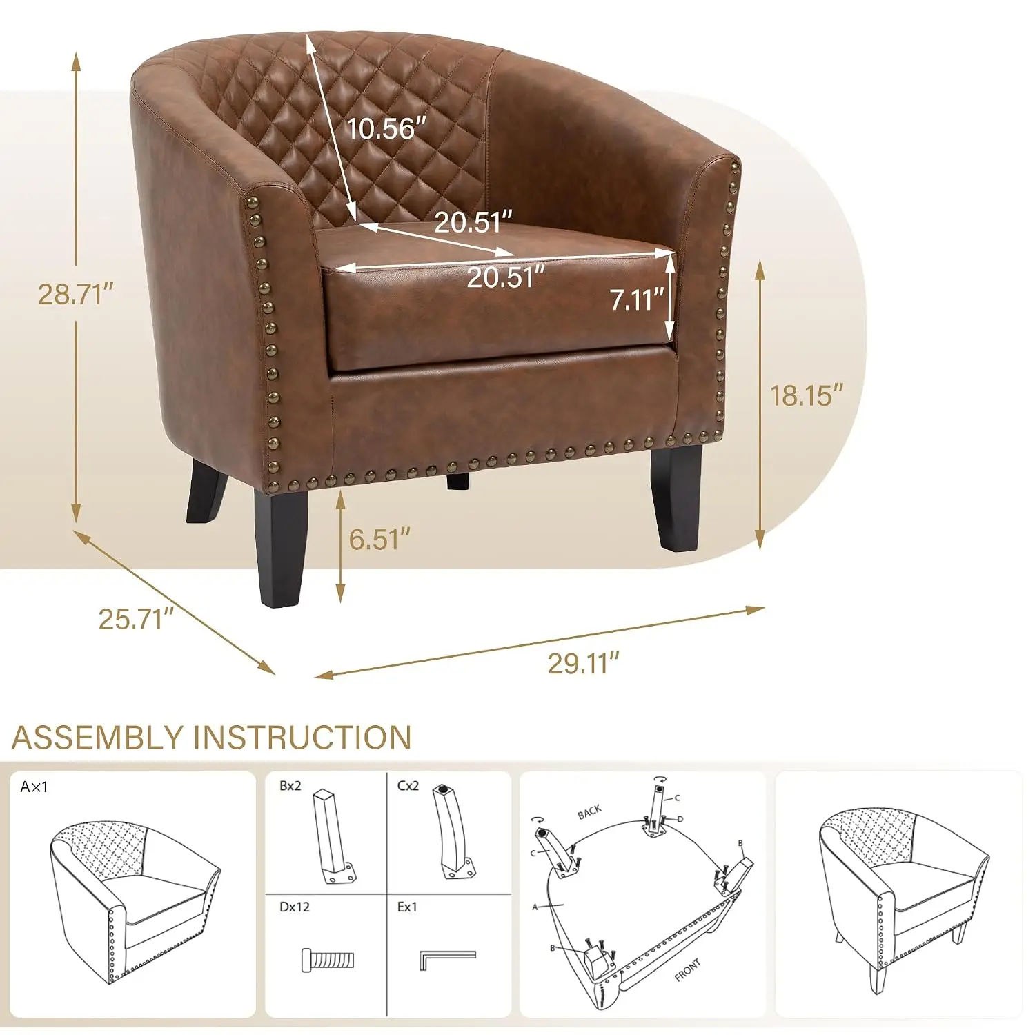 Barrel Accent Chair Faux Leather Club Armchair Upholstered Sofa with Wood Legs & Nailhead Trim for Living Room, Customized
