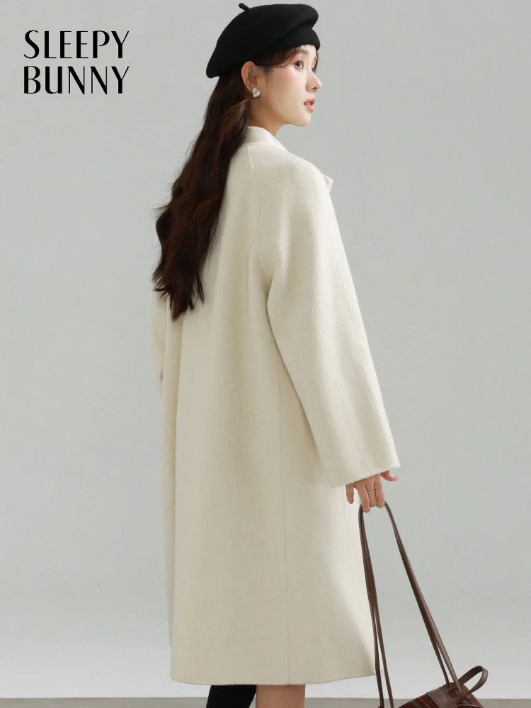 Elegant Wool Bow Coat Women Vintage Double-Faced Overcoat Chic Winter Handmade Woolen Outerwear with Loose Fit Soft Warm Fabric