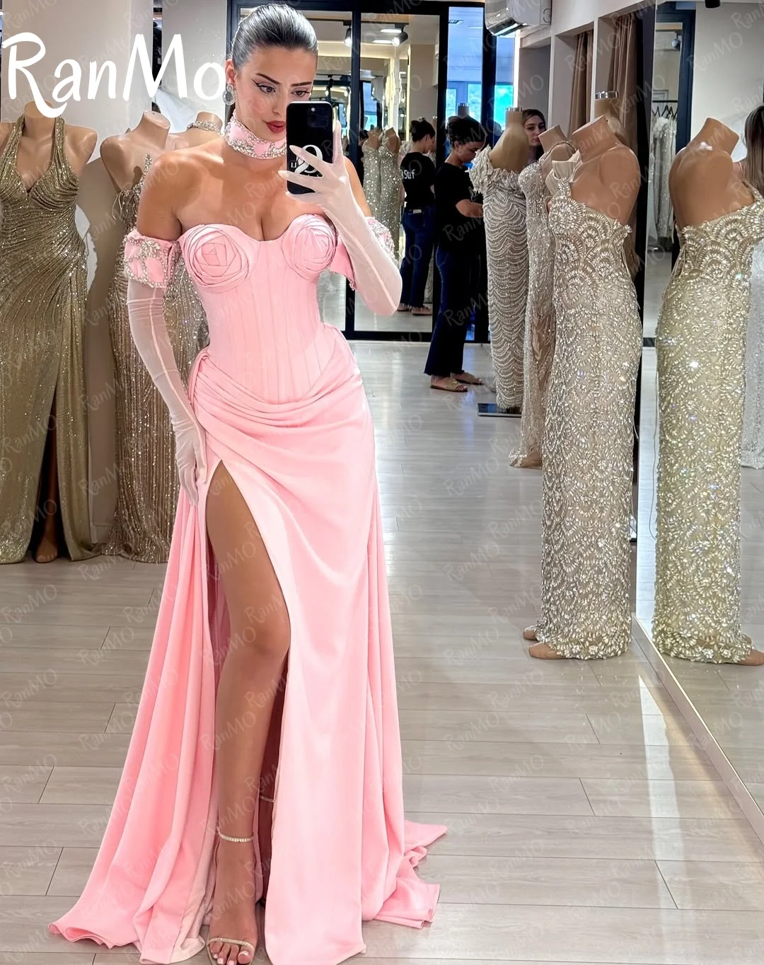 Ranmo-vestido de noche Formal de sirena rosa, vestido de fiesta plisado con horquilla lateral y flores, guantes con cuentas, vestidos de graduación personalizados, 2025