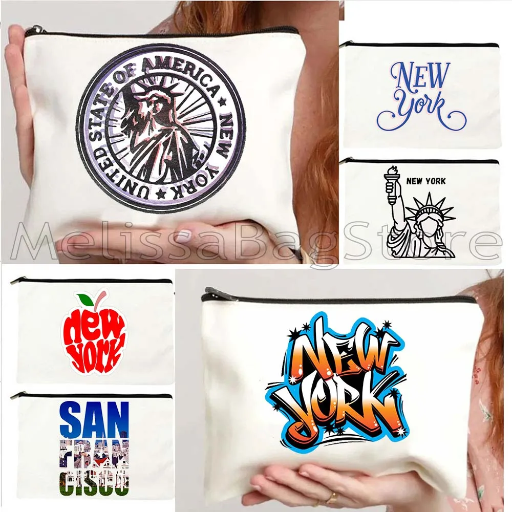 New York City The Big Apple NYC Cute Gift Statue Of Liberty Stamp San Francisco Lettering Storage Cosmetic Bag Makeup Case Pouch