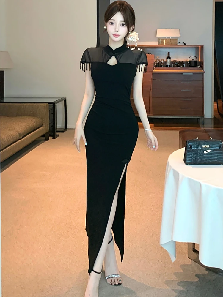 Schwarzes Patchwork-Mesh-transparentes sexy langes Kleid für Frauen 2025, koreanisches Vintage-Luxus-Abschlussballkleid, Sommer, elegantes, figurbetontes Abendkleid