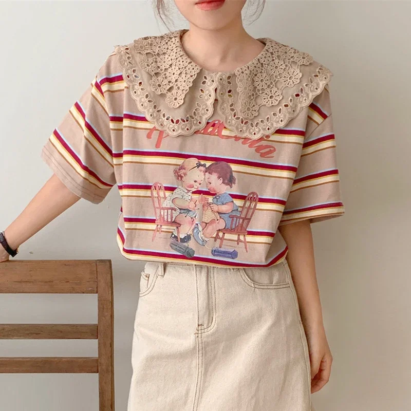 Komiyama Summer Lace Peter Pan Collar Tees Hit Color Stripe Y2k Tops Korean Style Ropa Mujer Vintage Short Sleeve T Shirt