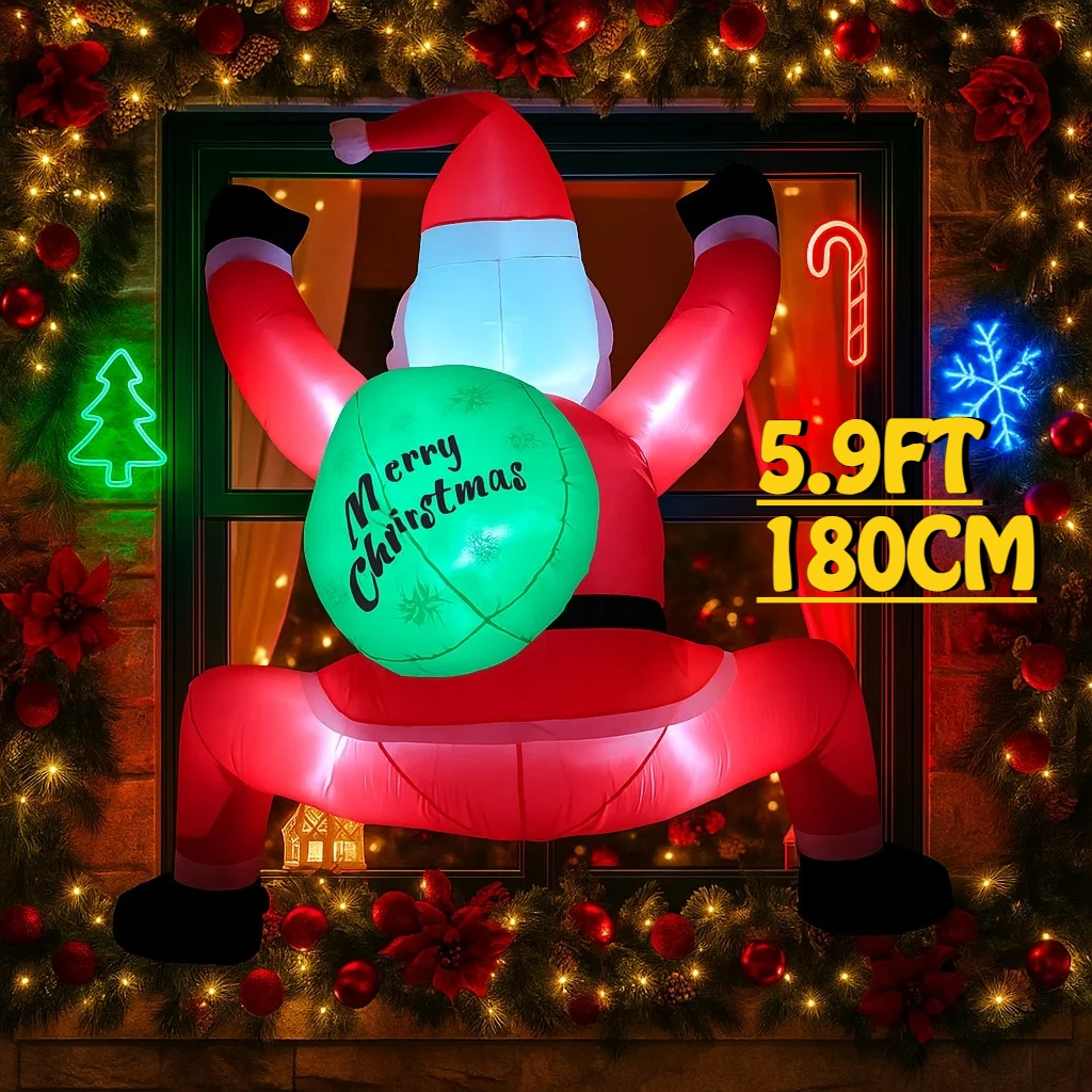 5.9FT Climbing Santa Claus Inflatable Christmas Decorations Xmas Ornaments Lights Outdoor Home Yard Holiday Party Decor Toys