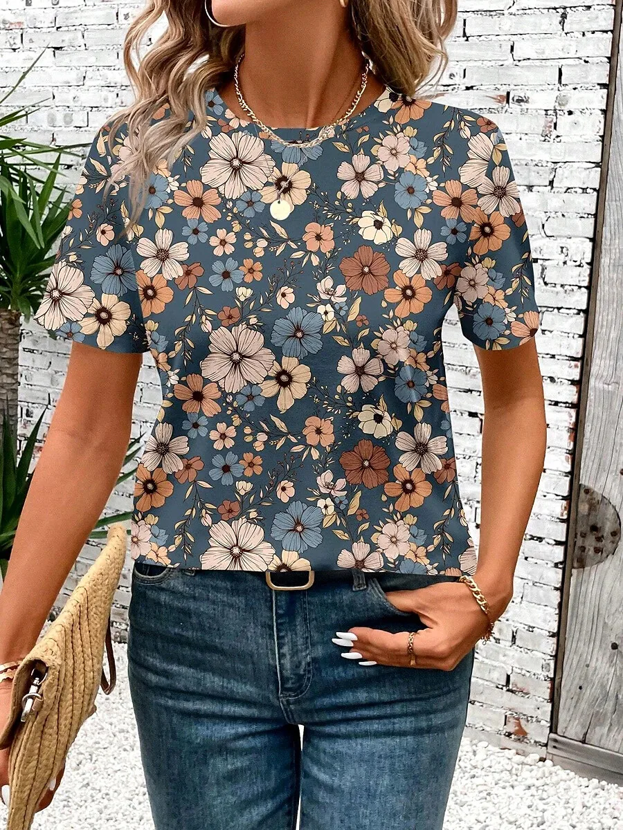 

Summer Outdoor Women's T-shirt Casual Round Neck Short Sleeve Top Street Fashion Famale Oversize Clothing Floral Print T shirts