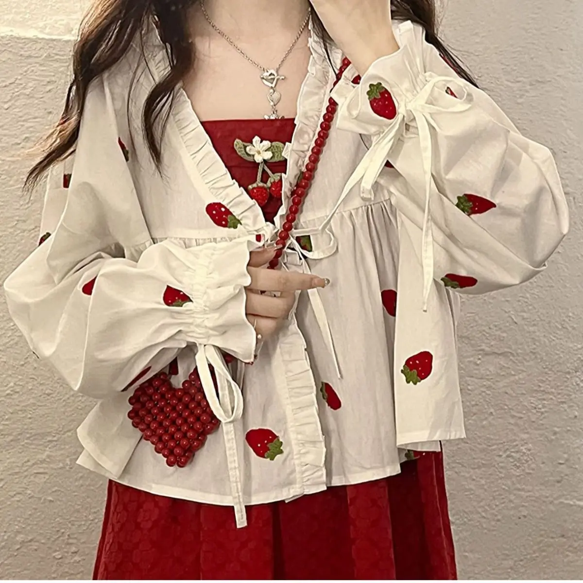 

Preppy Style Summer Kawaii Strawberry Embroidery Cardigan Kimono Blouse Women Sunscreen Shirt Bandage Ruffle Blusas Loose Tops