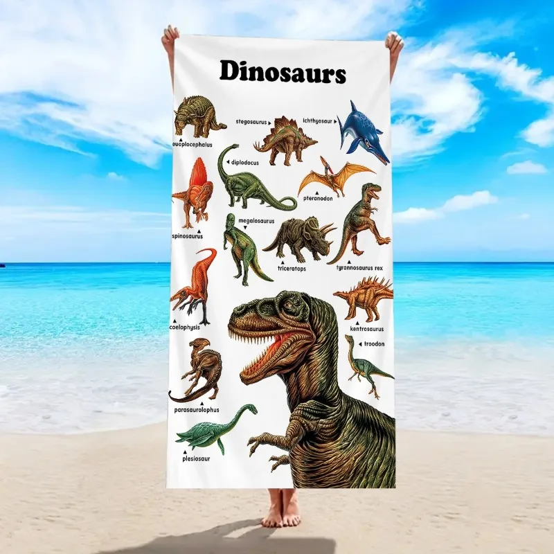 Cute Cartoon Dinosaur Print Beach Towel T-Rex Triceratops Pattern Quick Dry Absorbent Sandproof Towel for Summer Beach Holiday