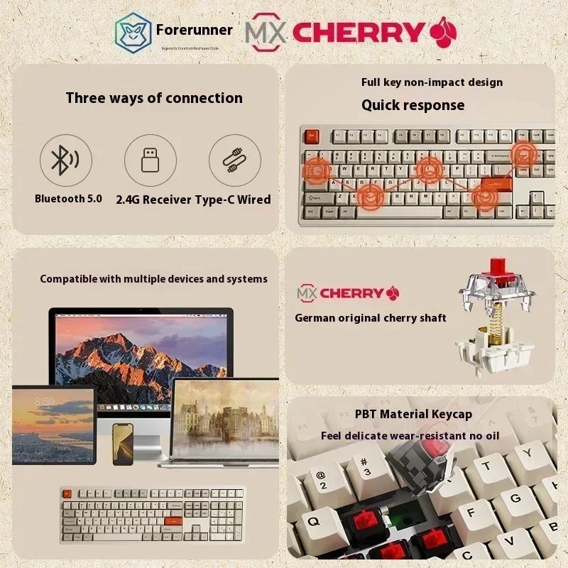 Eweadn Cr87 Retro Bluetooth Mechanical Keyboard Ergonomic Three-mode Pc Office Game Long Battery Life Win/max Laptop Accessories