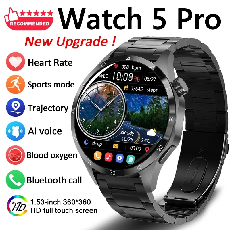 

2025New GT5 Pro GPS Sport Smart Watch Men 360*360 AMOLED Screen Heart rate BT call IP68 Waterproof Sport Smartwatch For Huawei