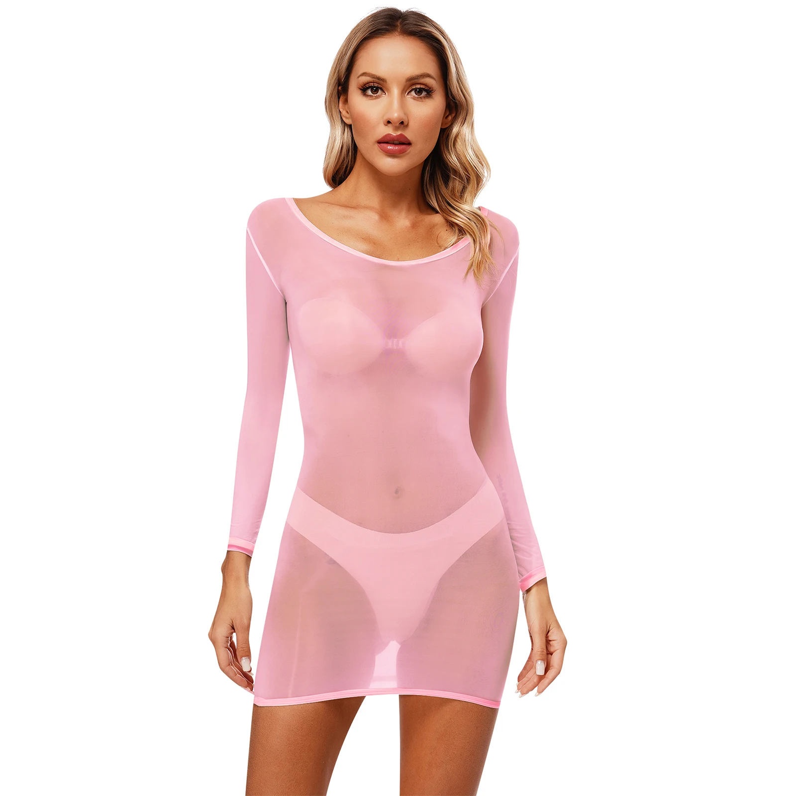 Womens Exotic Dress Glossy 8D Lingerie Nightwear Long Sleeve See Through Sleep Pencil Dress Stretchy Bodycon Swimsuit Cover Up